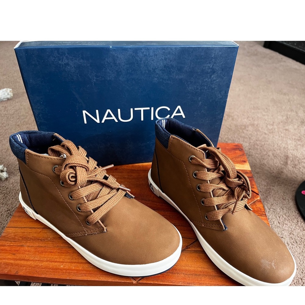 Nautica Boys Brown Faux Leather Mid Top Sneakers Navy Denim Trim Size 5